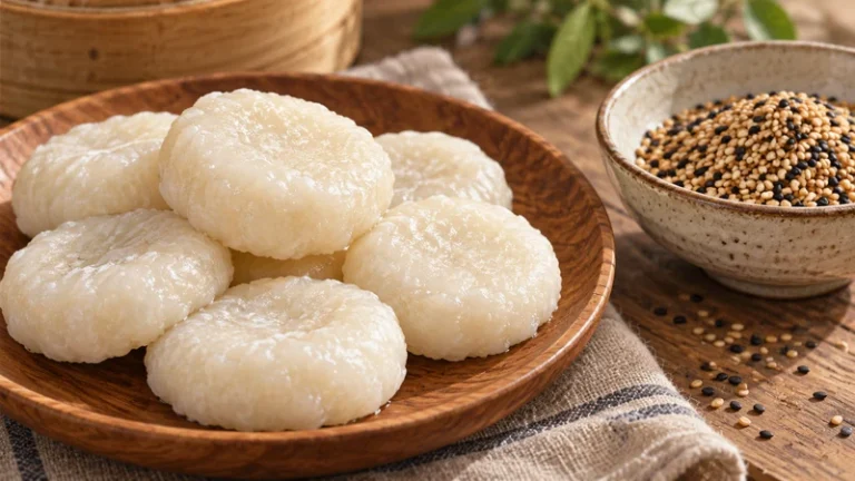 Plain ciba rice cakes beside toasted sesame in an illustration