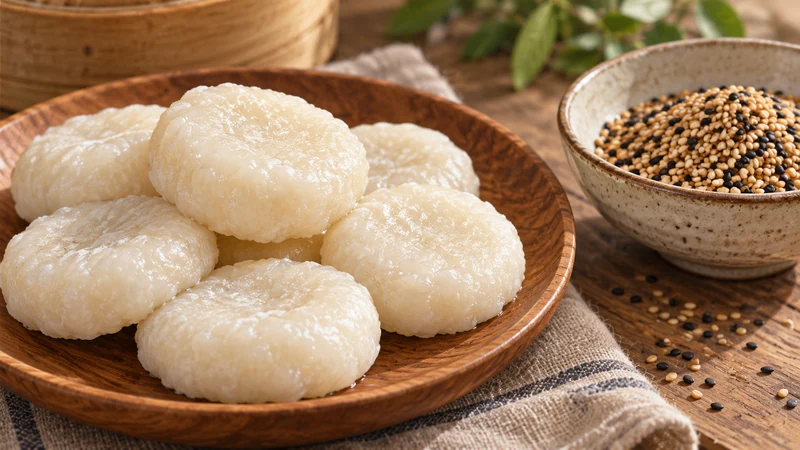 Plain ciba rice cakes beside toasted sesame in an illustration