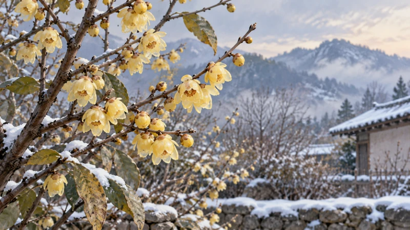 Pale yellow wintersweet blossoms on a winter shrub