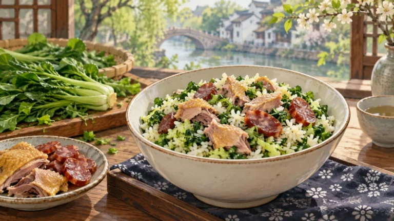 Rice with chopped greens, sausage and salted duck in a bowl