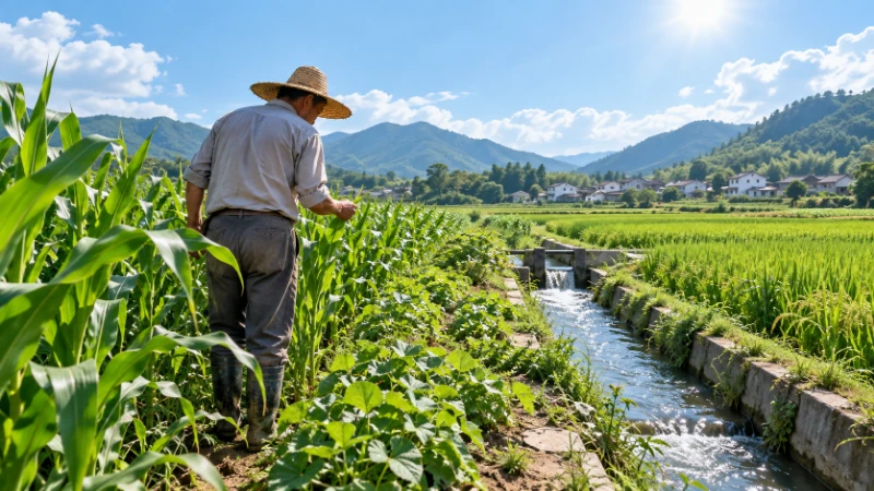 A farmer inspecting summer crops near an irrigation channel