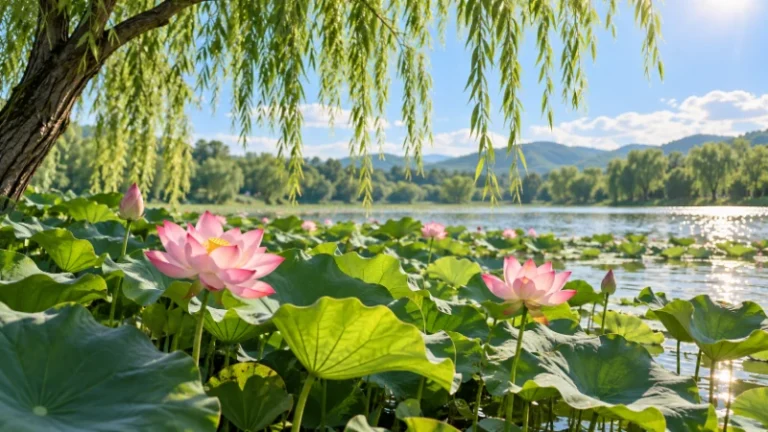Lotus leaves and pink flowers in a shaded summer pond