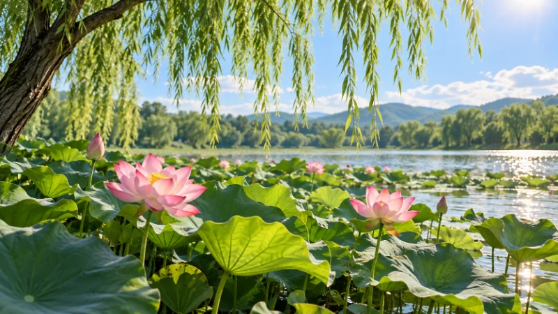 Lotus leaves and pink flowers in a shaded summer pond