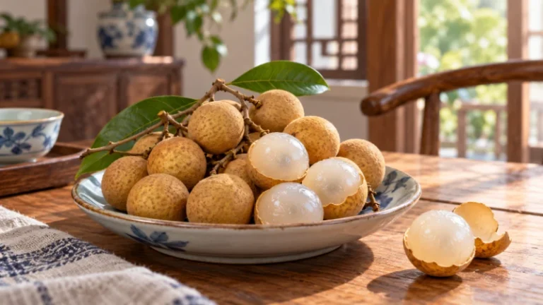 Fresh longan fruit with several peeled pieces on a plate