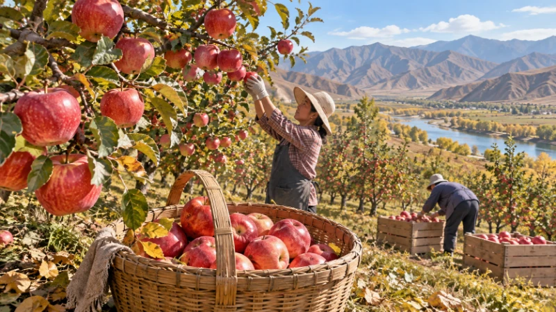 Ripe apples and a harvest basket in an autumn orchard