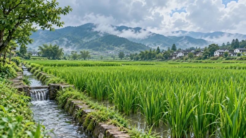 Lush green rice plants beside a summer irrigation channel