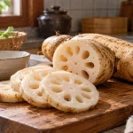Sliced and whole lotus roots on a kitchen table