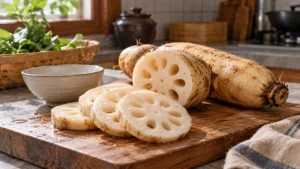 Sliced and whole lotus roots on a kitchen table