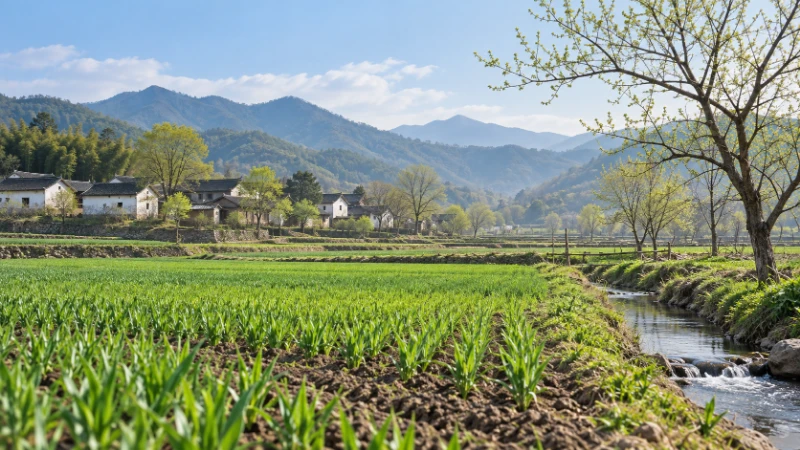 Young green crops and budding trees in spring farmland