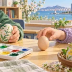 Hands painting eggs and trying to balance a plain egg