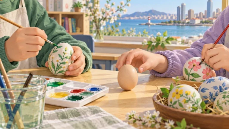Hands painting eggs and trying to balance a plain egg