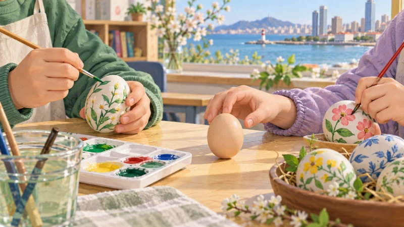 Hands painting eggs and trying to balance a plain egg