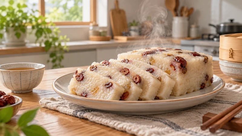 Sliced steamed rice cake on a plate in an illustrated winter kitchen