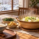 Contemporary winter dinner with rice and cabbage tofu soup
