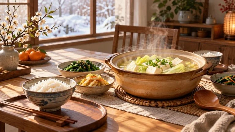Contemporary winter dinner with rice and cabbage tofu soup