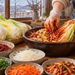 Gloved hands mixing cabbage with chili paste beside radish strips
