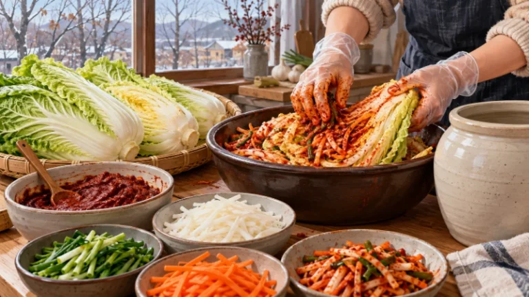 Gloved hands mixing cabbage with chili paste beside radish strips