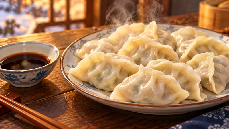 Boiled crescent jiaozi dumplings beside a vinegar bowl