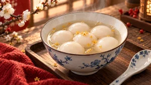 Round white tangyuan in a bowl of clear broth