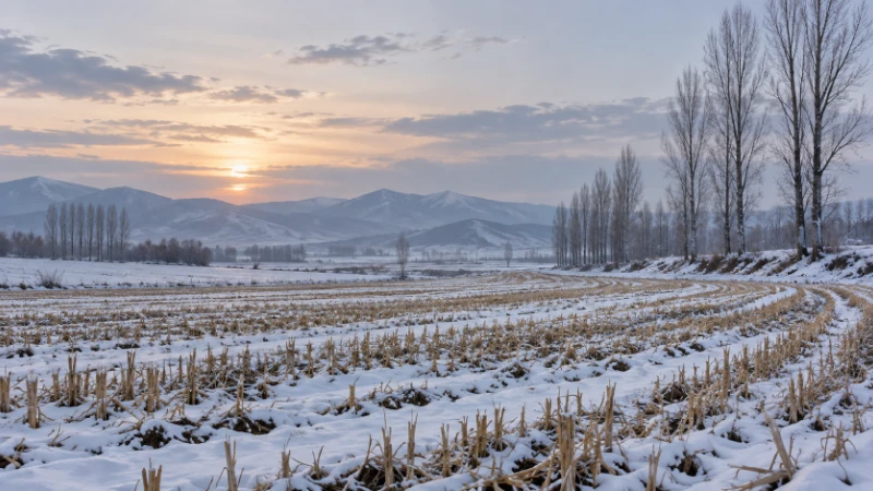Snow on harvested farmland beneath bare trees