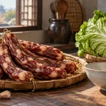 Cured sausages and cabbage on a household kitchen table