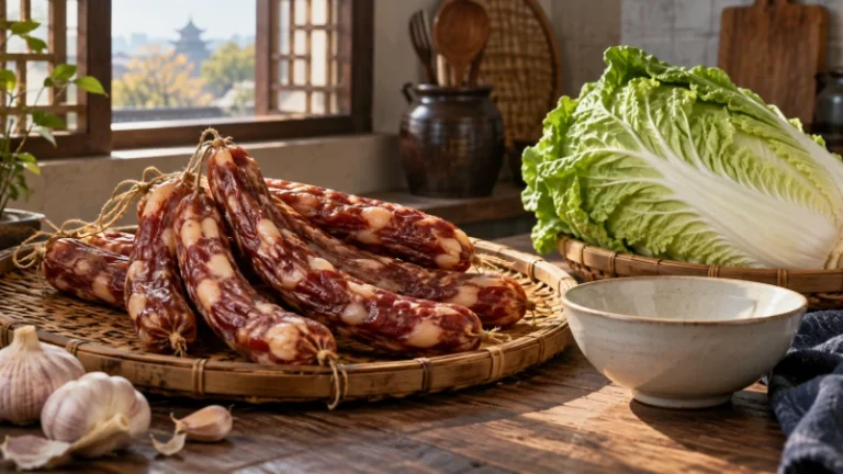 Cured sausages and cabbage on a household kitchen table