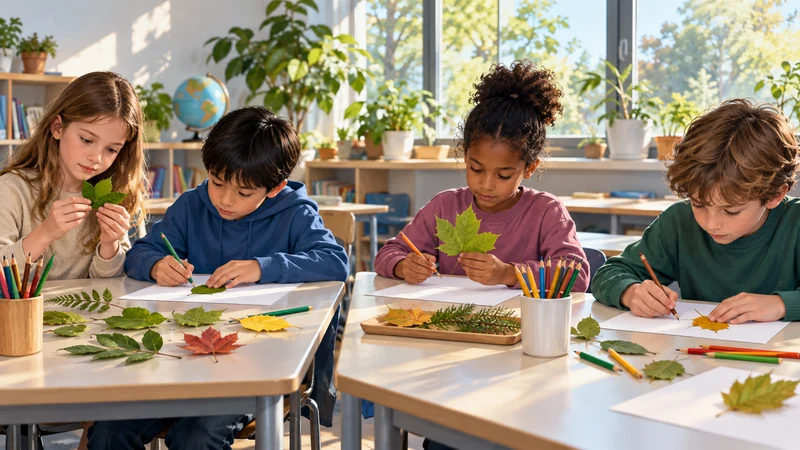 Students using leaves pencils and blank papers at classroom stations