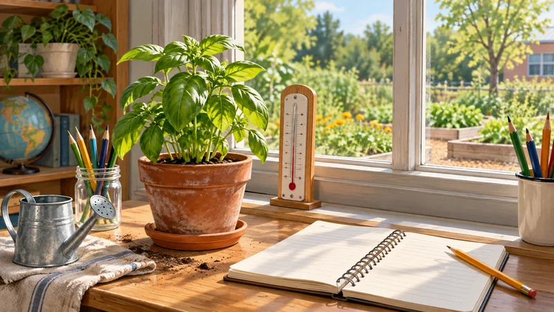 Thermometer potted plant and blank notebook beside classroom window