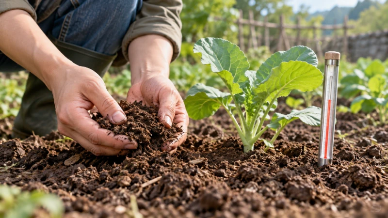 Hands examining soil beside a young vegetable plant
