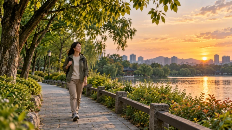 A person walking along a leafy park path near evening
