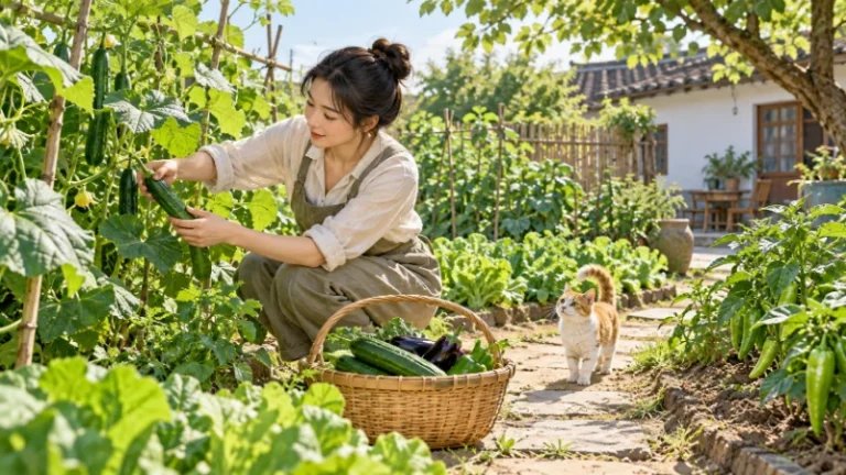 Green vegetable plants and a harvest basket in a warm garden