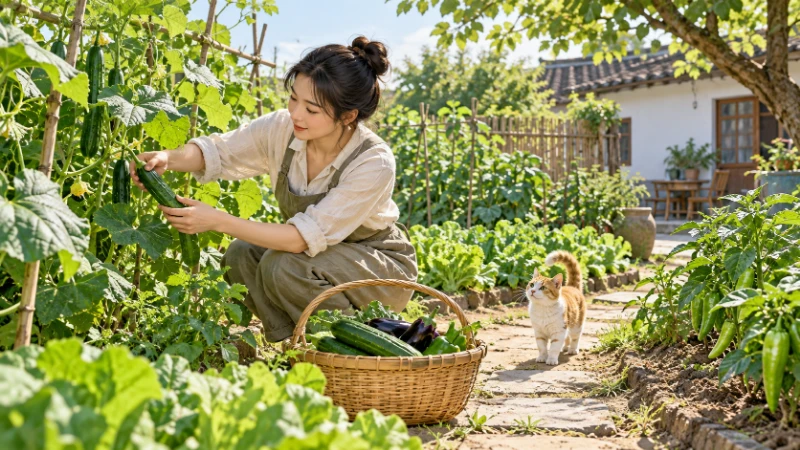 Green vegetable plants and a harvest basket in a warm garden