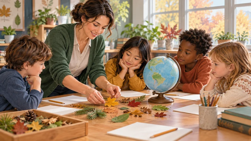 Teacher arranging leaves globe and blank worksheets for a seasonal lesson