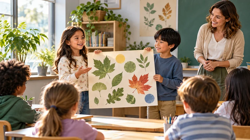 Students presenting a poster of leaves and colored circles