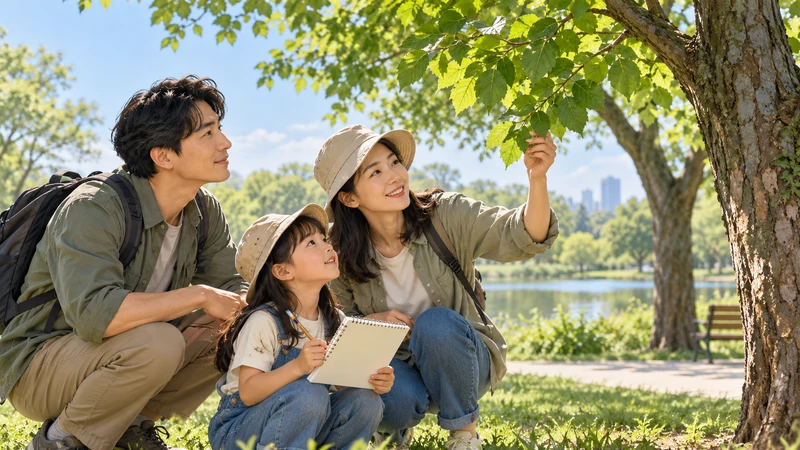 Adult and child observing a tree in a park with a notebook