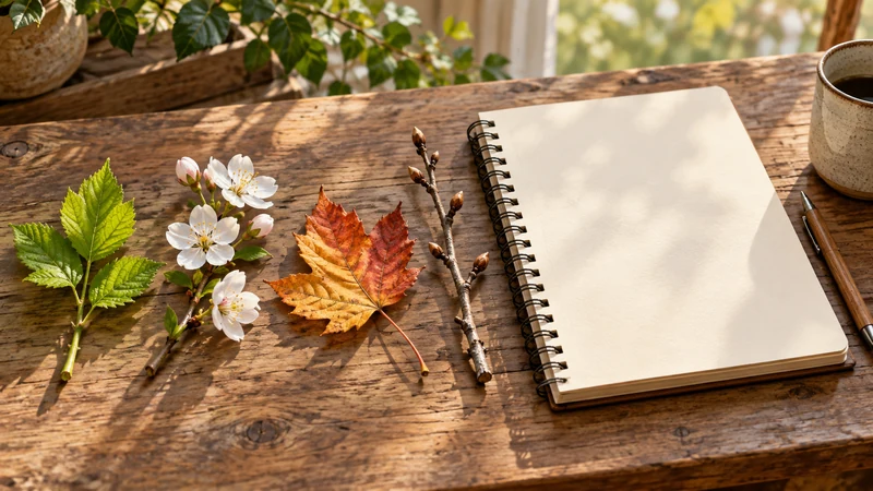 Leaf flower autumn leaf and dormant twig beside a notebook