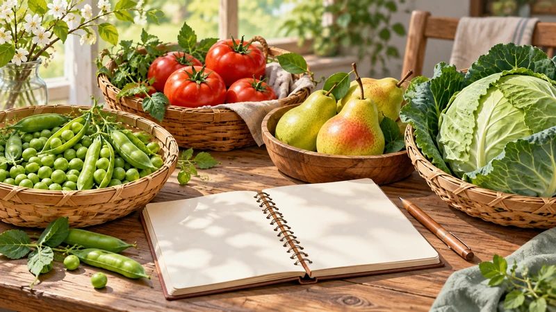 Seasonal vegetables and fruit in separate baskets beside a research notebook