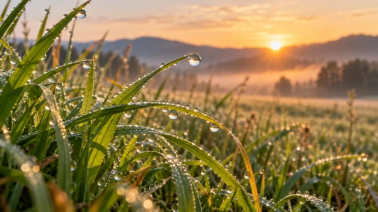 Liquid dew droplets on green grass at dawn