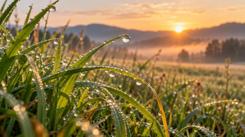 Liquid dew droplets on green grass at dawn