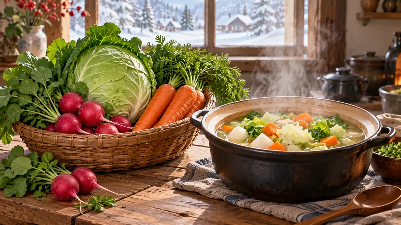 Cabbage radish and carrots beside a steaming winter vegetable pot