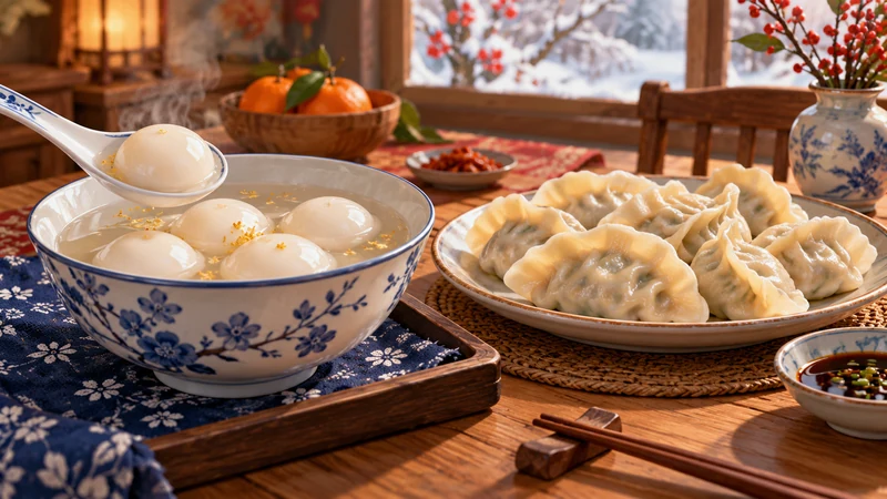 Separate bowls of tangyuan and jiaozi on an illustrated winter table
