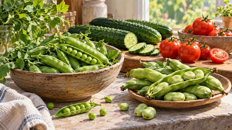 Peas broad beans cucumbers and tomatoes on an illustrated kitchen counter