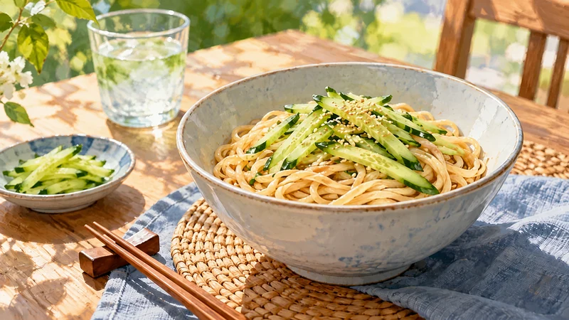 Wheat noodles with sliced cucumber on a contemporary summer table