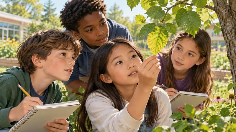 Students observing a leaf in a school garden with a notebook