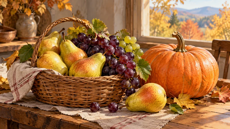 Pears grapes and pumpkin in a basket on an illustrated autumn table