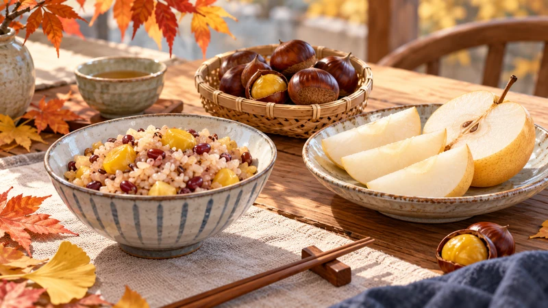 Cooked grains sliced pear and chestnuts on an illustrated autumn table