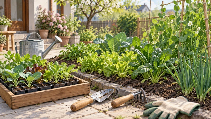 Seedling trays, a planted garden bed and simple hand tools