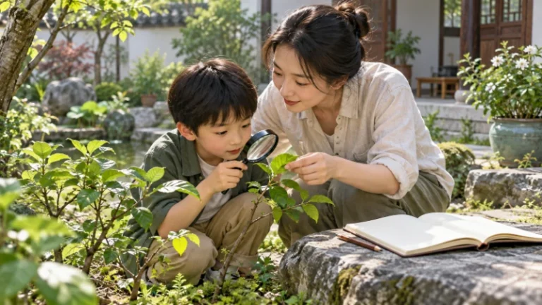 An adult and child observing a garden plant beside a notebook