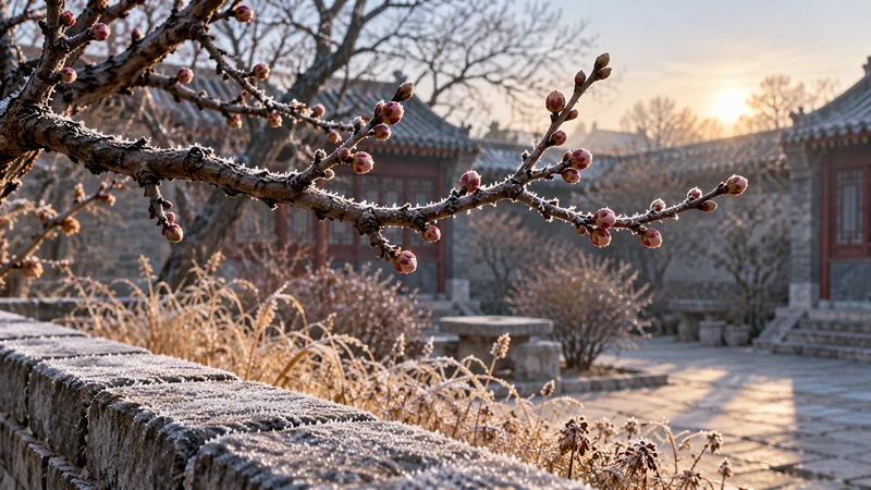 Buds on a bare plum branch beside a lightly frosted courtyard in late winter