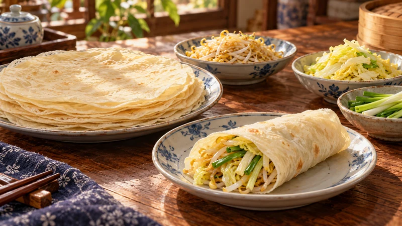 Thin spring pancakes with cooked vegetable fillings and one rolled pancake on a ceramic plate
